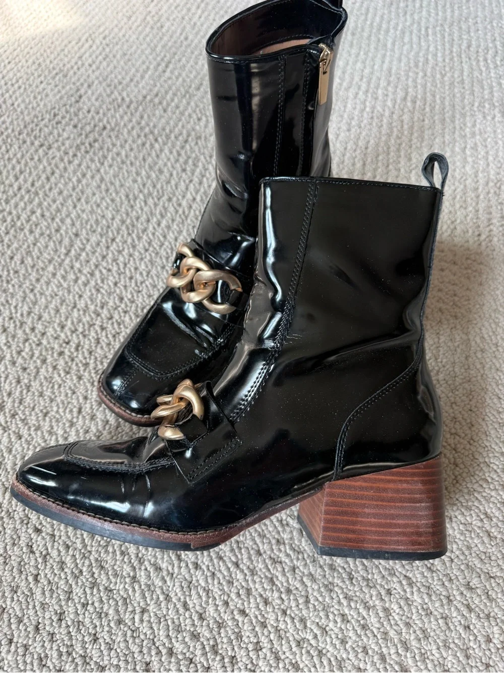 Steve Madden Black Patent Ankle Boots with Gold Chain Accent